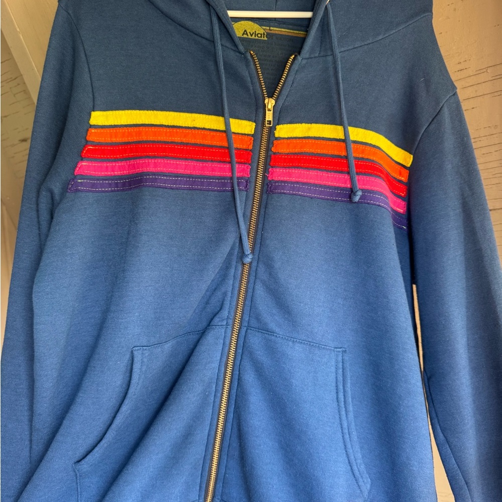 Aviator Nation Navy Zip Hoodie with Yellow, Orange, Pink & Purple Stripes